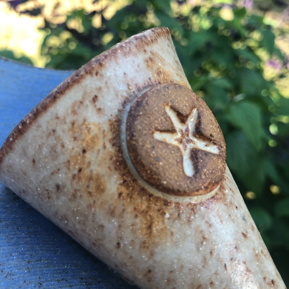 Handmade Coastal Pottery Wall Pocket – Blue Glaze Starfish Accent - Blue Tan - Picture 3 of 9